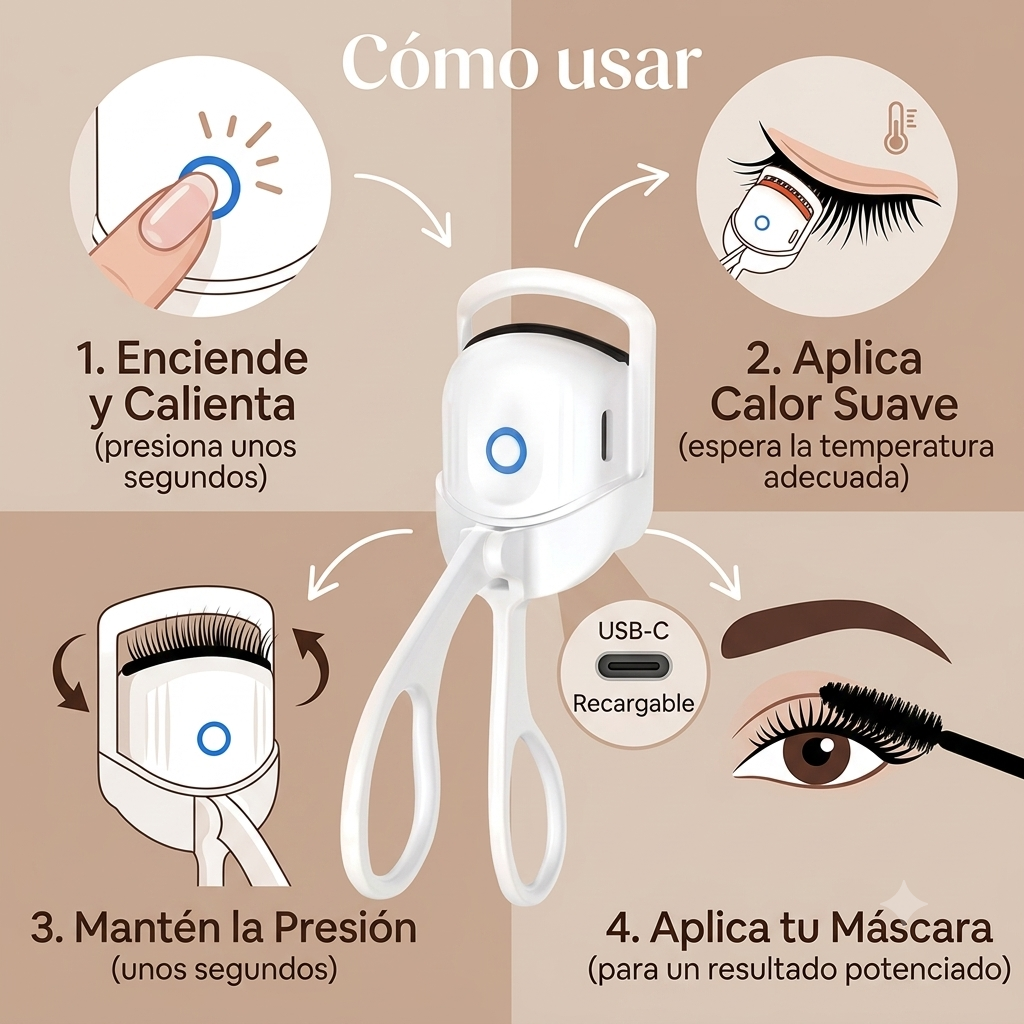 Rizador de Pestañas Eléctrico con Calor USB-C | Curvatura Profesional de Larga Duración
