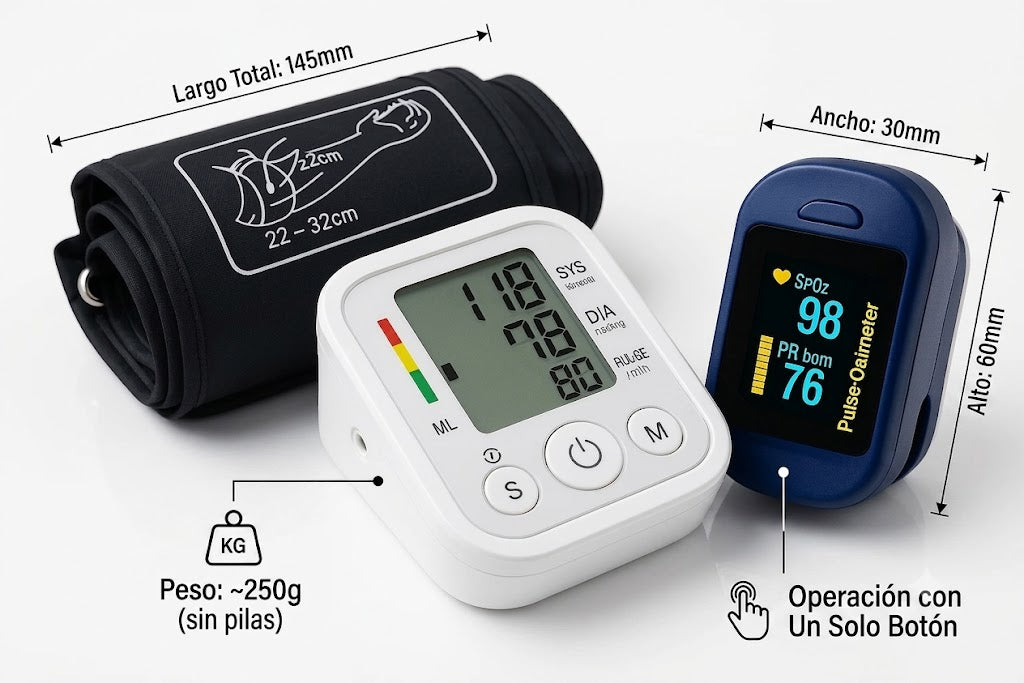Tensiómetro Digital + Oxímetro de Dedo | Monitor de Presión Arterial y Saturación