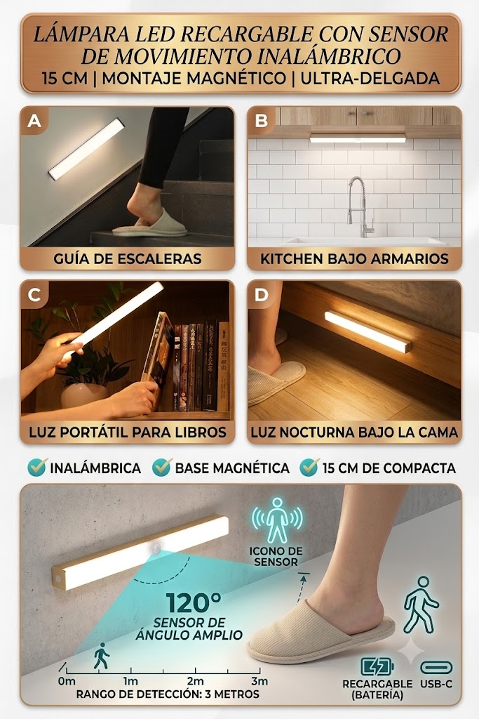 LLámpara LED con Sensor de Movimiento Recargable 15 cm | Luz Fría 6000K