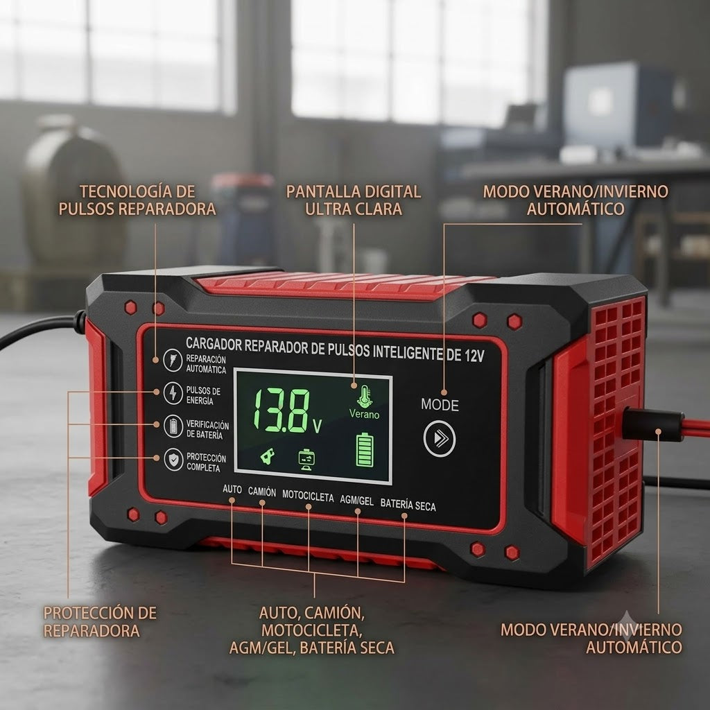 Cargador Inteligente y Reparador de Baterías 12V | Automático para Autos, Motos y Camionetas